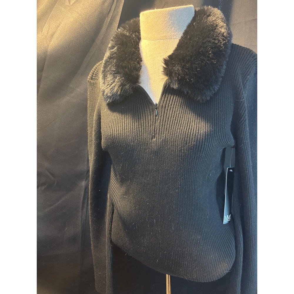 MM by My Michelle Black Ribbed Knit Faux Fur Collar Quarter Zip Sweater Large